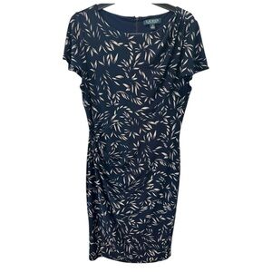 Lauren Ralph Lauren Navy and Cream Leaf Midi Sheath Dress